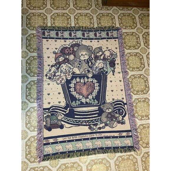 Vintage Lucy Rigg Teddy Bear Tapestry Blanket 1992 Bible Quote Nursery 32x46 - Picture 1 of 5